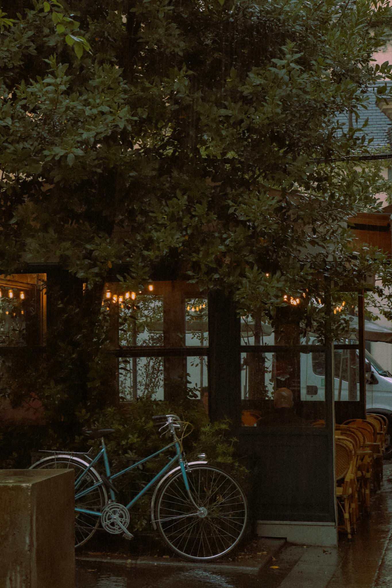 A picturesque Paris street with a vintage bicycle by a café under trees on a rainy day.