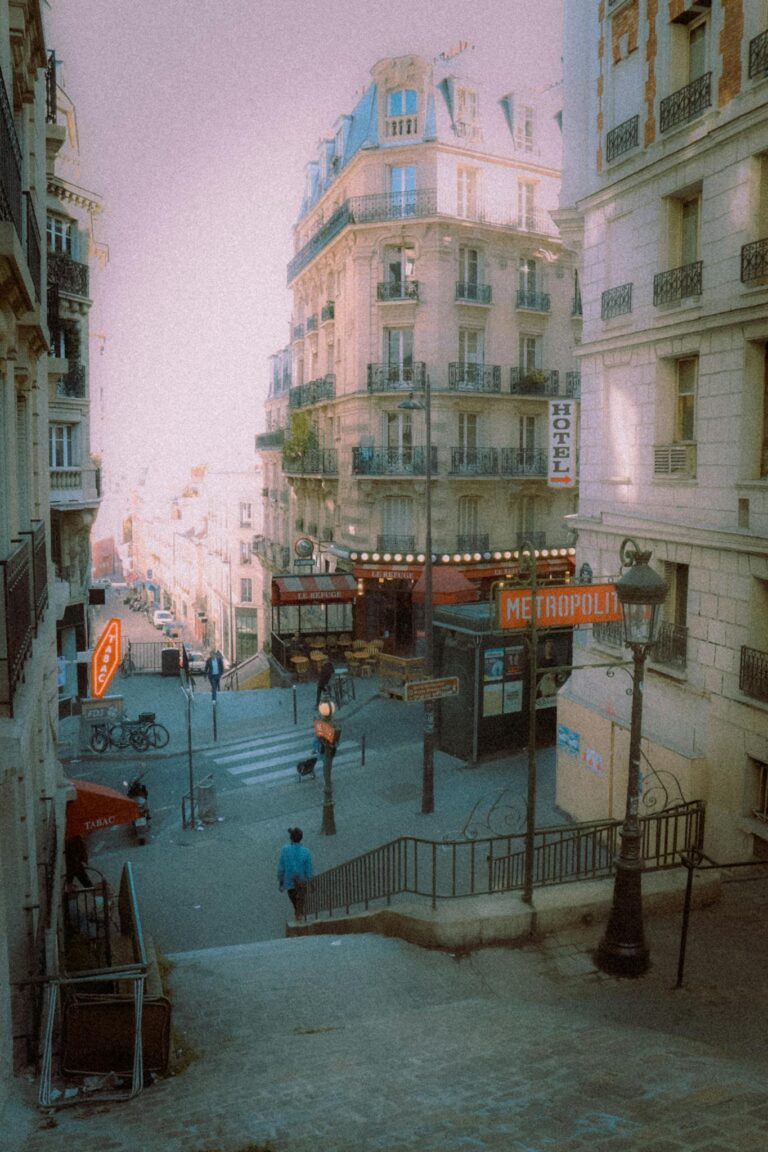 A serene Parisian street scene with classic architecture and soft lighting.