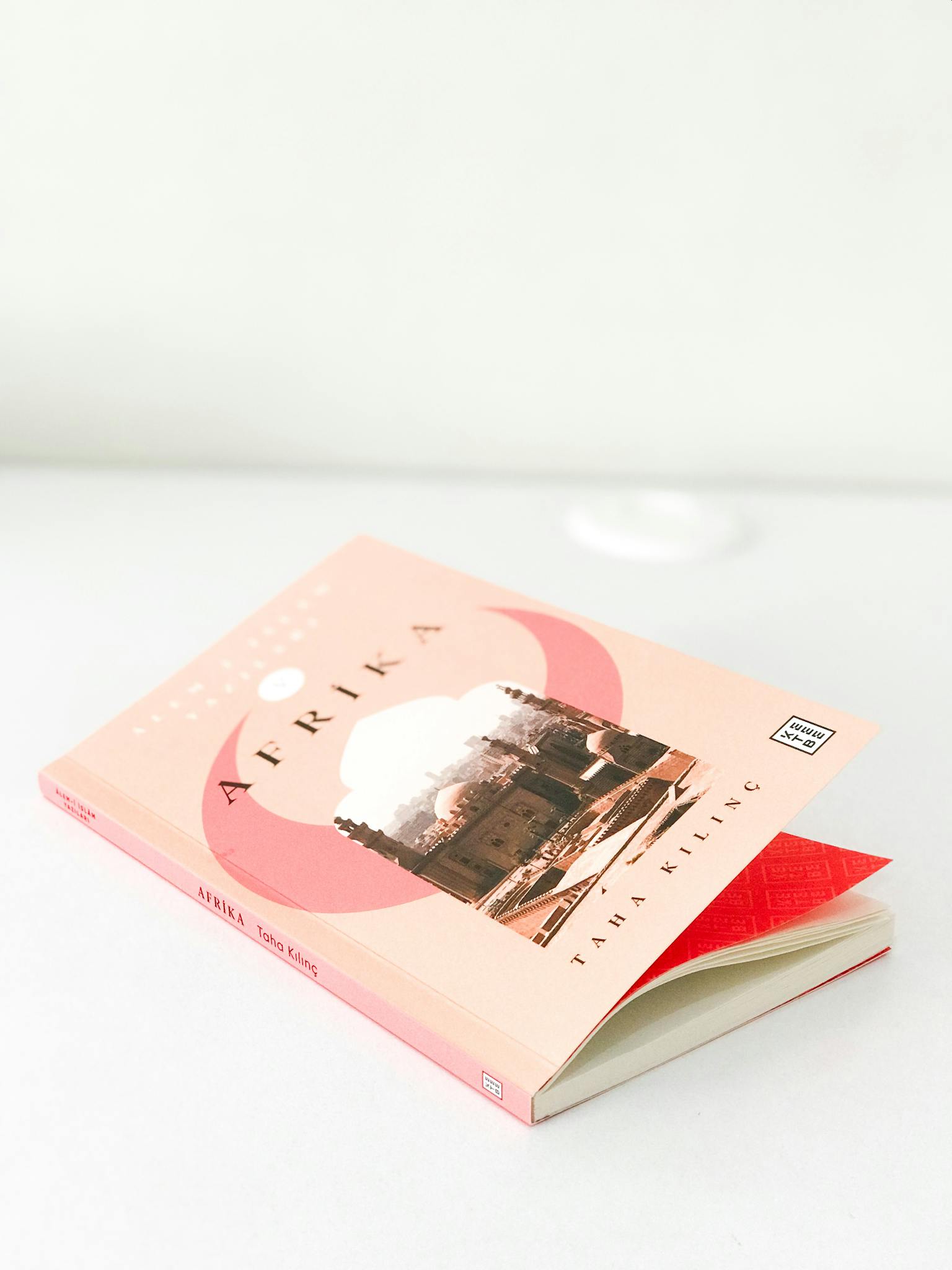 A soft cover book titled 'Afrika' rests on a white table, showcasing a delicate pink design.